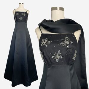 Vintage Y2K Night Way Black beaded sequin butterfly formal gown prom princess XS